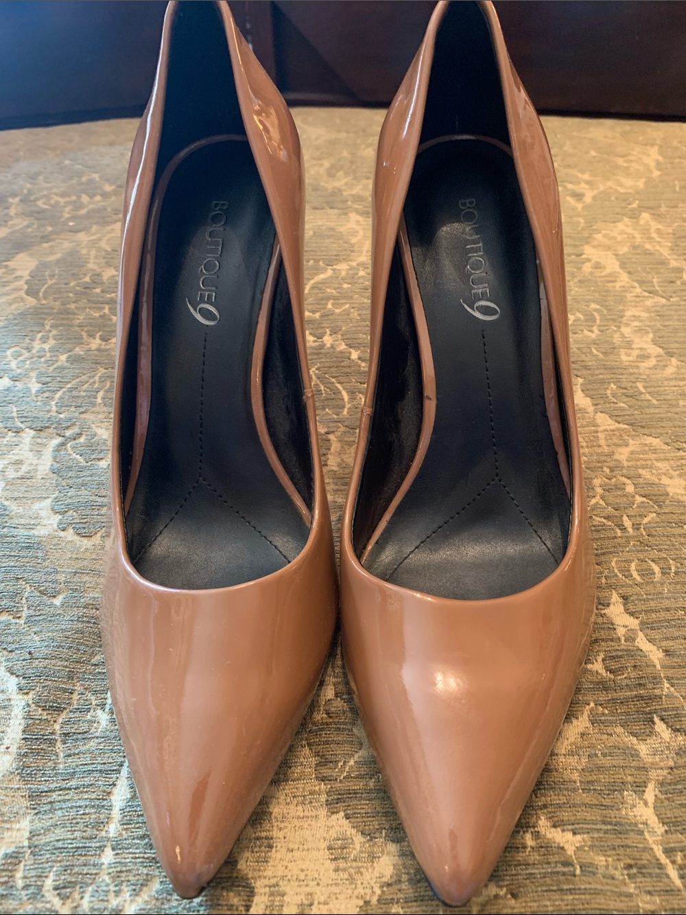 Boutique 9 Patent Pointed-Toe Pumps in Nude Brown